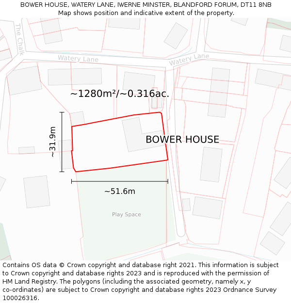 BOWER HOUSE, WATERY LANE, IWERNE MINSTER, BLANDFORD FORUM, DT11 8NB: Plot and title map