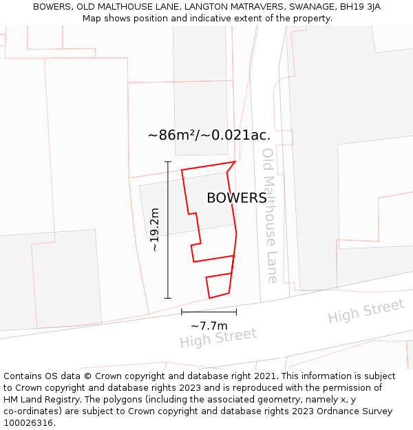 BOWERS, OLD MALTHOUSE LANE, LANGTON MATRAVERS, SWANAGE, BH19 3JA: Plot and title map