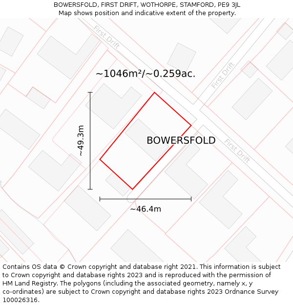 BOWERSFOLD, FIRST DRIFT, WOTHORPE, STAMFORD, PE9 3JL: Plot and title map