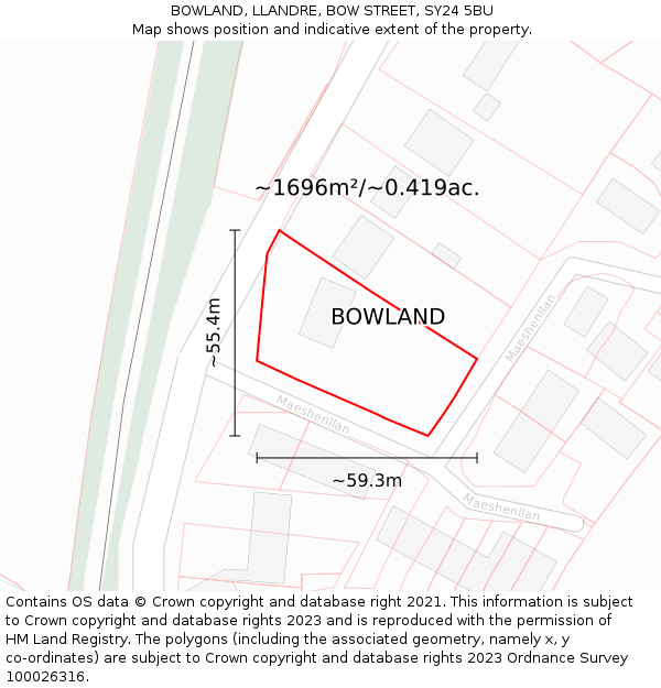 BOWLAND, LLANDRE, BOW STREET, SY24 5BU: Plot and title map