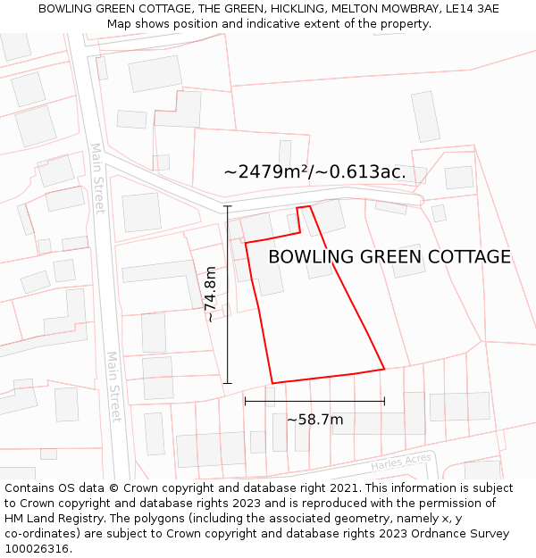 BOWLING GREEN COTTAGE, THE GREEN, HICKLING, MELTON MOWBRAY, LE14 3AE: Plot and title map