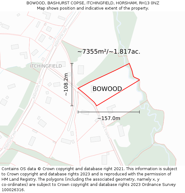 BOWOOD, BASHURST COPSE, ITCHINGFIELD, HORSHAM, RH13 0NZ: Plot and title map