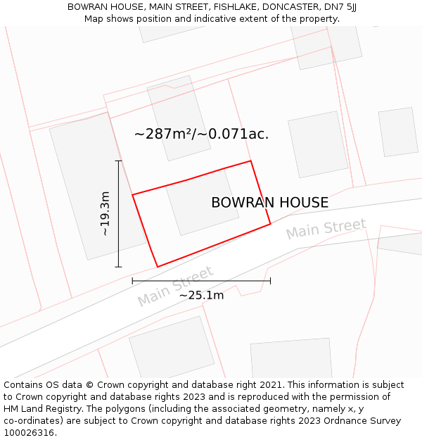 BOWRAN HOUSE, MAIN STREET, FISHLAKE, DONCASTER, DN7 5JJ: Plot and title map