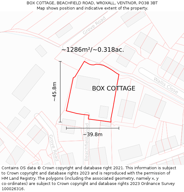 BOX COTTAGE, BEACHFIELD ROAD, WROXALL, VENTNOR, PO38 3BT: Plot and title map