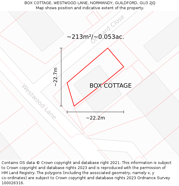 BOX COTTAGE, WESTWOOD LANE, NORMANDY, GUILDFORD, GU3 2JQ: Plot and title map