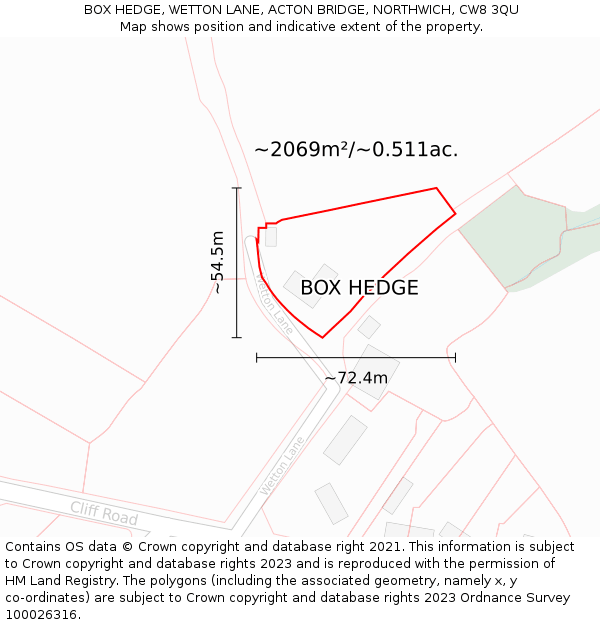 BOX HEDGE, WETTON LANE, ACTON BRIDGE, NORTHWICH, CW8 3QU: Plot and title map