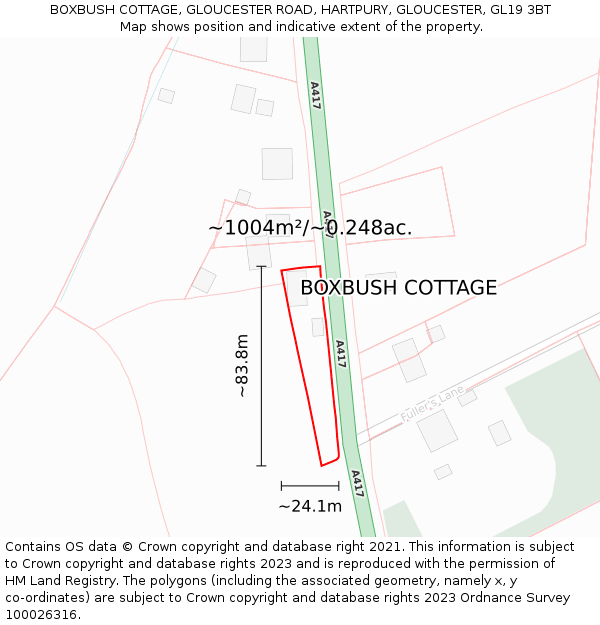 BOXBUSH COTTAGE, GLOUCESTER ROAD, HARTPURY, GLOUCESTER, GL19 3BT: Plot and title map