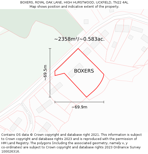 BOXERS, ROYAL OAK LANE, HIGH HURSTWOOD, UCKFIELD, TN22 4AL: Plot and title map