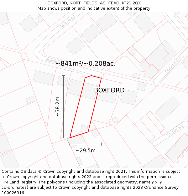 BOXFORD, NORTHFIELDS, ASHTEAD, KT21 2QX: Plot and title map