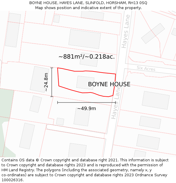 BOYNE HOUSE, HAYES LANE, SLINFOLD, HORSHAM, RH13 0SQ: Plot and title map