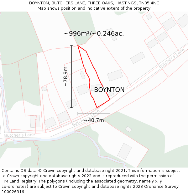 BOYNTON, BUTCHERS LANE, THREE OAKS, HASTINGS, TN35 4NG: Plot and title map