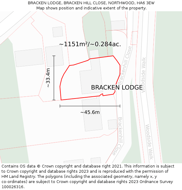 BRACKEN LODGE, BRACKEN HILL CLOSE, NORTHWOOD, HA6 3EW: Plot and title map