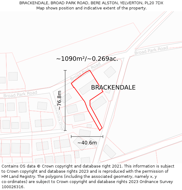 BRACKENDALE, BROAD PARK ROAD, BERE ALSTON, YELVERTON, PL20 7DX: Plot and title map