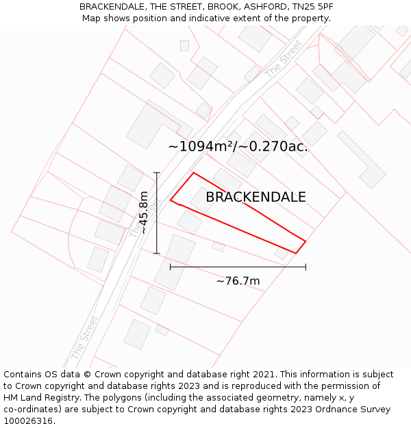 BRACKENDALE, THE STREET, BROOK, ASHFORD, TN25 5PF: Plot and title map