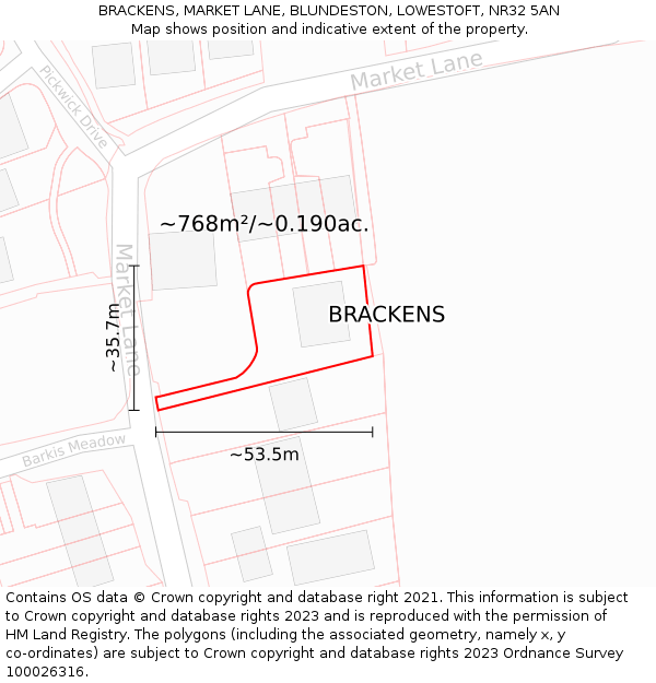 BRACKENS, MARKET LANE, BLUNDESTON, LOWESTOFT, NR32 5AN: Plot and title map