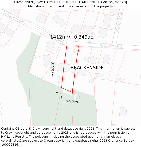 BRACKENSIDE, TWYNHAMS HILL, SHIRRELL HEATH, SOUTHAMPTON, SO32 2JL: Plot and title map