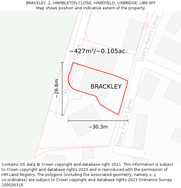 BRACKLEY, 2, HAMBLETON CLOSE, HAREFIELD, UXBRIDGE, UB9 6FF: Plot and title map