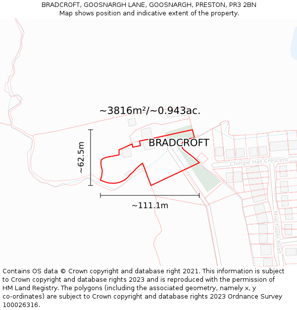 BRADCROFT, GOOSNARGH LANE, GOOSNARGH, PRESTON, PR3 2BN: Plot and title map