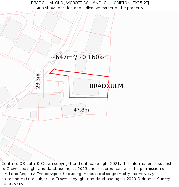 BRADCULM, OLD JAYCROFT, WILLAND, CULLOMPTON, EX15 2TJ: Plot and title map