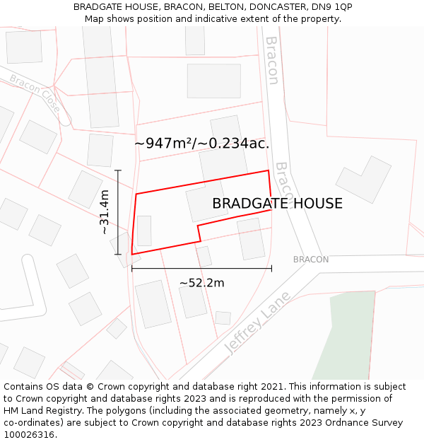 BRADGATE HOUSE, BRACON, BELTON, DONCASTER, DN9 1QP: Plot and title map
