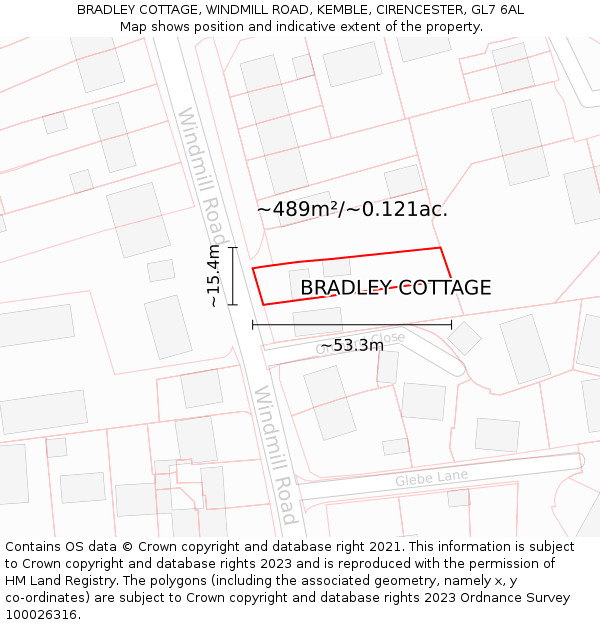 BRADLEY COTTAGE, WINDMILL ROAD, KEMBLE, CIRENCESTER, GL7 6AL: Plot and title map