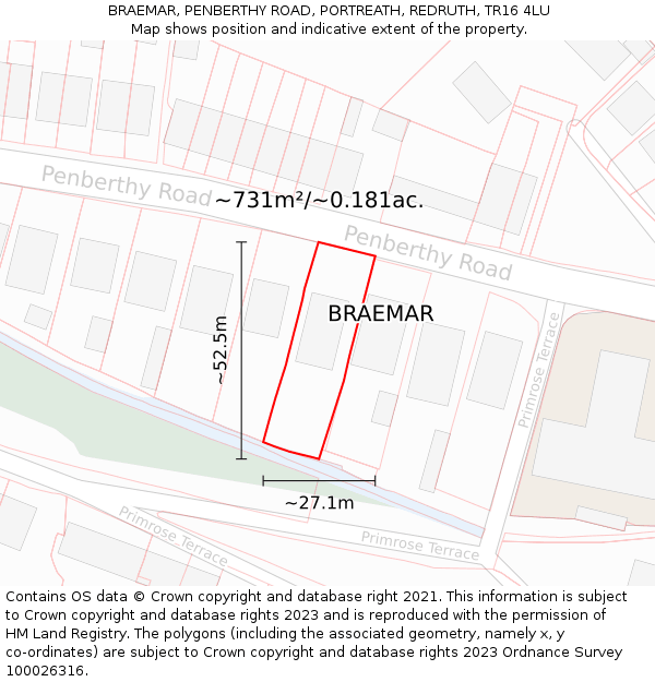 BRAEMAR, PENBERTHY ROAD, PORTREATH, REDRUTH, TR16 4LU: Plot and title map