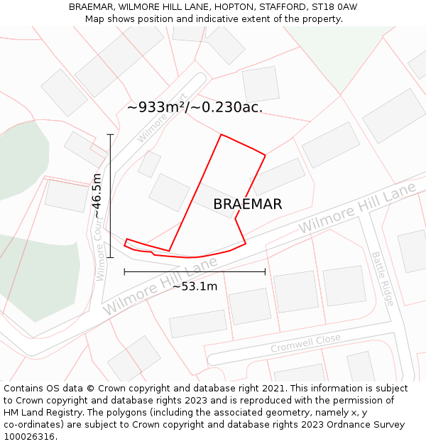 BRAEMAR, WILMORE HILL LANE, HOPTON, STAFFORD, ST18 0AW: Plot and title map