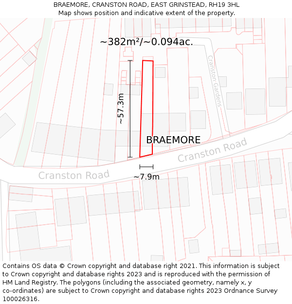 BRAEMORE, CRANSTON ROAD, EAST GRINSTEAD, RH19 3HL: Plot and title map