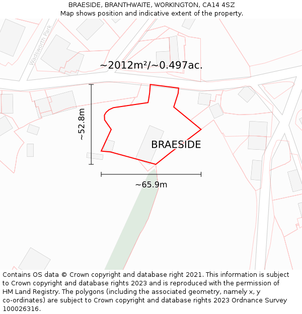 BRAESIDE, BRANTHWAITE, WORKINGTON, CA14 4SZ: Plot and title map
