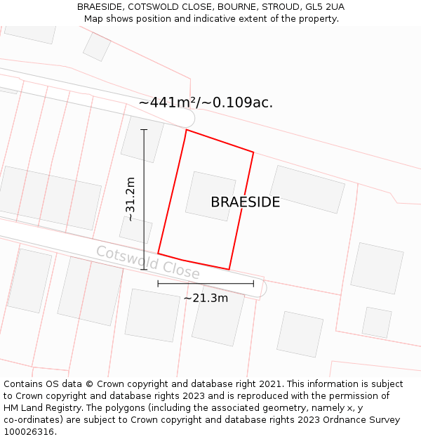 BRAESIDE, COTSWOLD CLOSE, BOURNE, STROUD, GL5 2UA: Plot and title map
