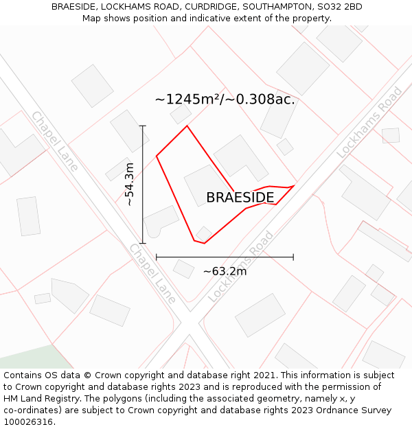 BRAESIDE, LOCKHAMS ROAD, CURDRIDGE, SOUTHAMPTON, SO32 2BD: Plot and title map