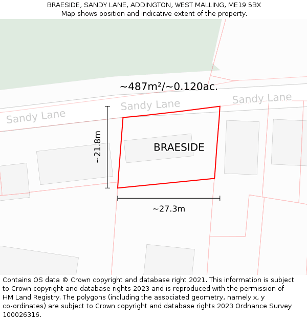 BRAESIDE, SANDY LANE, ADDINGTON, WEST MALLING, ME19 5BX: Plot and title map