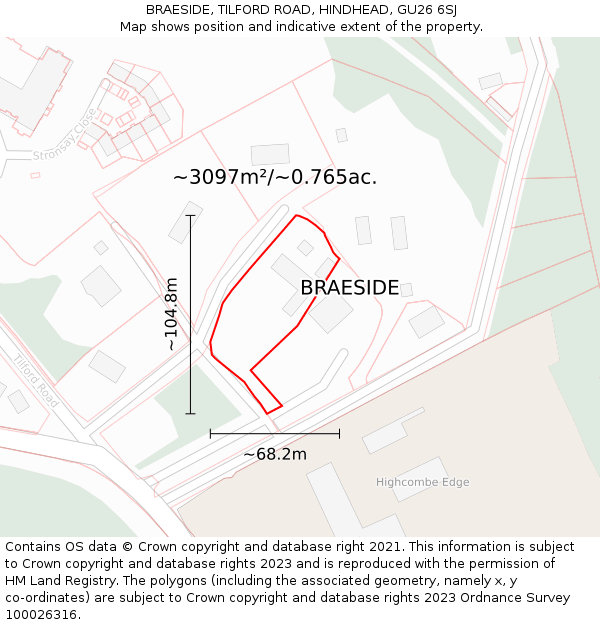 BRAESIDE, TILFORD ROAD, HINDHEAD, GU26 6SJ: Plot and title map