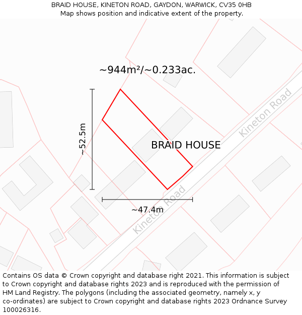 BRAID HOUSE, KINETON ROAD, GAYDON, WARWICK, CV35 0HB: Plot and title map