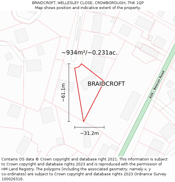 BRAIDCROFT, WELLESLEY CLOSE, CROWBOROUGH, TN6 1QP: Plot and title map