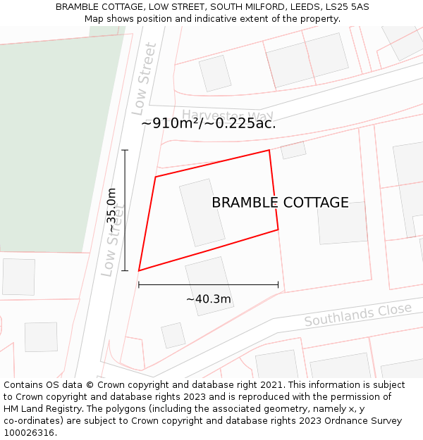 BRAMBLE COTTAGE, LOW STREET, SOUTH MILFORD, LEEDS, LS25 5AS: Plot and title map