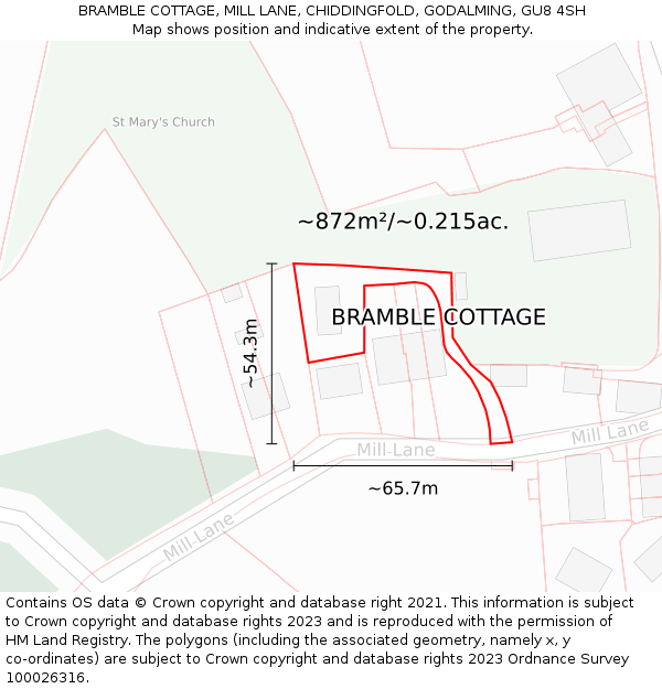 BRAMBLE COTTAGE, MILL LANE, CHIDDINGFOLD, GODALMING, GU8 4SH: Plot and title map