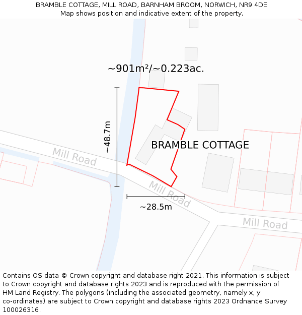 BRAMBLE COTTAGE, MILL ROAD, BARNHAM BROOM, NORWICH, NR9 4DE: Plot and title map