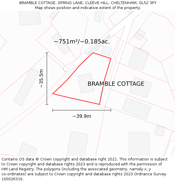 BRAMBLE COTTAGE, SPRING LANE, CLEEVE HILL, CHELTENHAM, GL52 3PY: Plot and title map