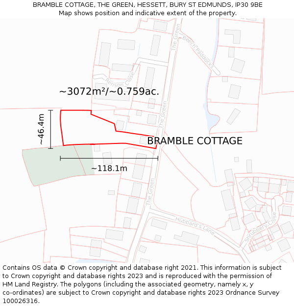 BRAMBLE COTTAGE, THE GREEN, HESSETT, BURY ST EDMUNDS, IP30 9BE: Plot and title map