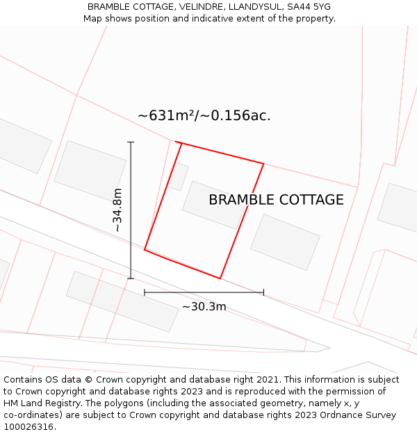 BRAMBLE COTTAGE, VELINDRE, LLANDYSUL, SA44 5YG: Plot and title map