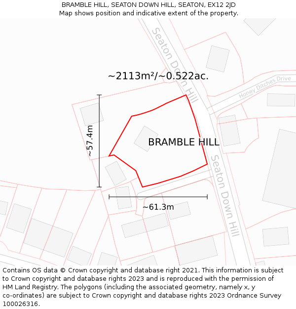 BRAMBLE HILL, SEATON DOWN HILL, SEATON, EX12 2JD: Plot and title map