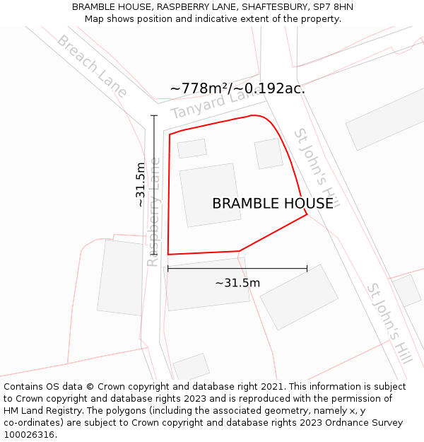 BRAMBLE HOUSE, RASPBERRY LANE, SHAFTESBURY, SP7 8HN: Plot and title map