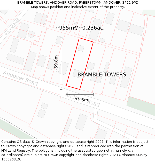 BRAMBLE TOWERS, ANDOVER ROAD, FABERSTOWN, ANDOVER, SP11 9PD: Plot and title map