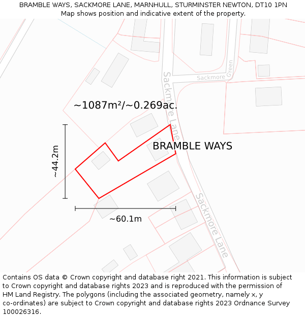 BRAMBLE WAYS, SACKMORE LANE, MARNHULL, STURMINSTER NEWTON, DT10 1PN: Plot and title map
