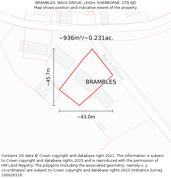 BRAMBLES, BACK DROVE, LEIGH, SHERBORNE, DT9 6JD: Plot and title map