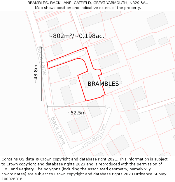 BRAMBLES, BACK LANE, CATFIELD, GREAT YARMOUTH, NR29 5AU: Plot and title map