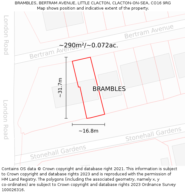 BRAMBLES, BERTRAM AVENUE, LITTLE CLACTON, CLACTON-ON-SEA, CO16 9RG: Plot and title map