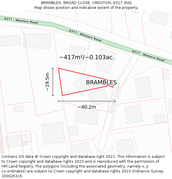 BRAMBLES, BROAD CLOSE, CREDITON, EX17 3NQ: Plot and title map