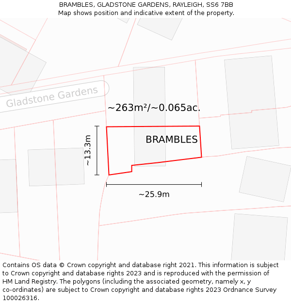 BRAMBLES, GLADSTONE GARDENS, RAYLEIGH, SS6 7BB: Plot and title map